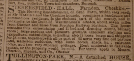 Advertisement for sale of Sibbersfield Hall from the London Times, 6th June 1885