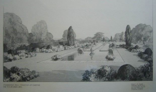 Drawing of Sibbersfield Hall garden by Percy Cane
